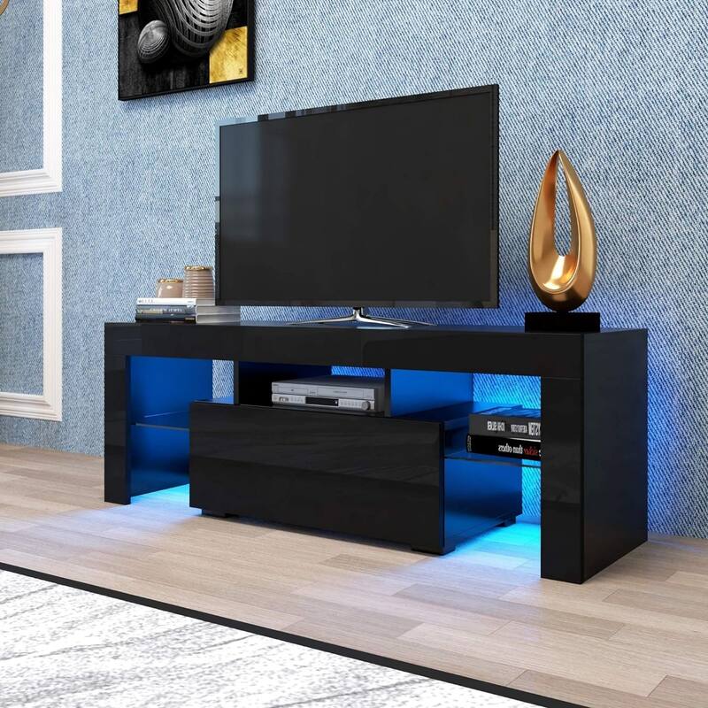 Modern LED TV Stand with Down Flip Door, Glass Shelf and High Glossy UV Front Face, for Living Room and Bedroom, Black - Black