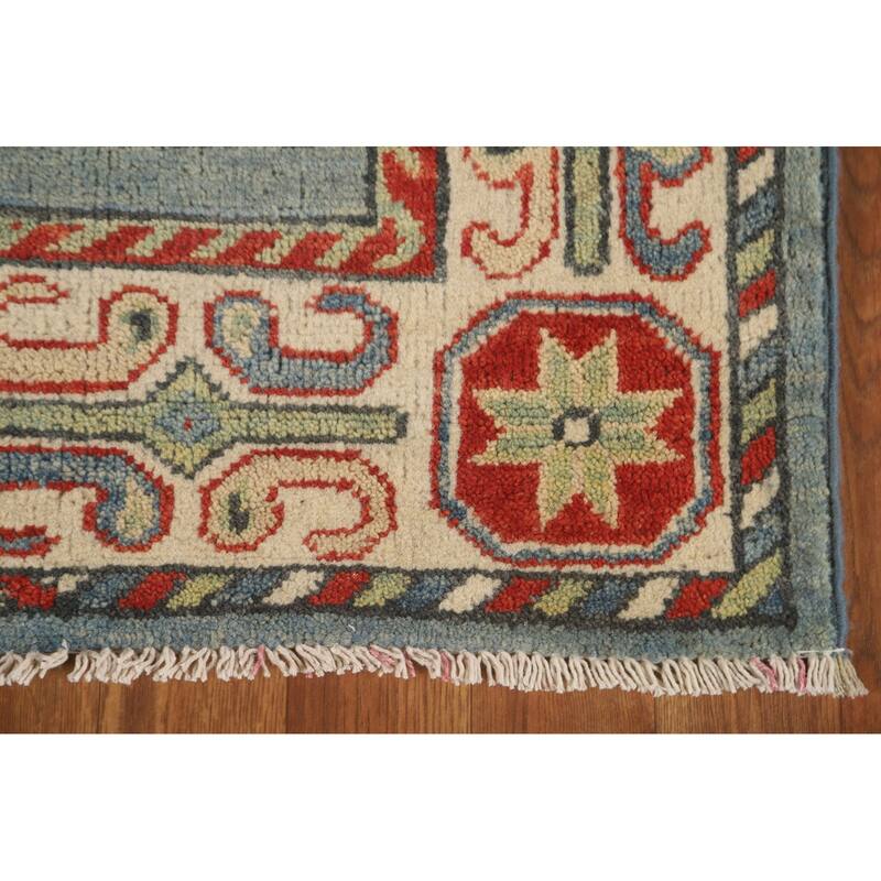Light Blue Traditional Kazak Runner Rug Hand-Knotted Wool Carpet - 3'1" x 16'5"