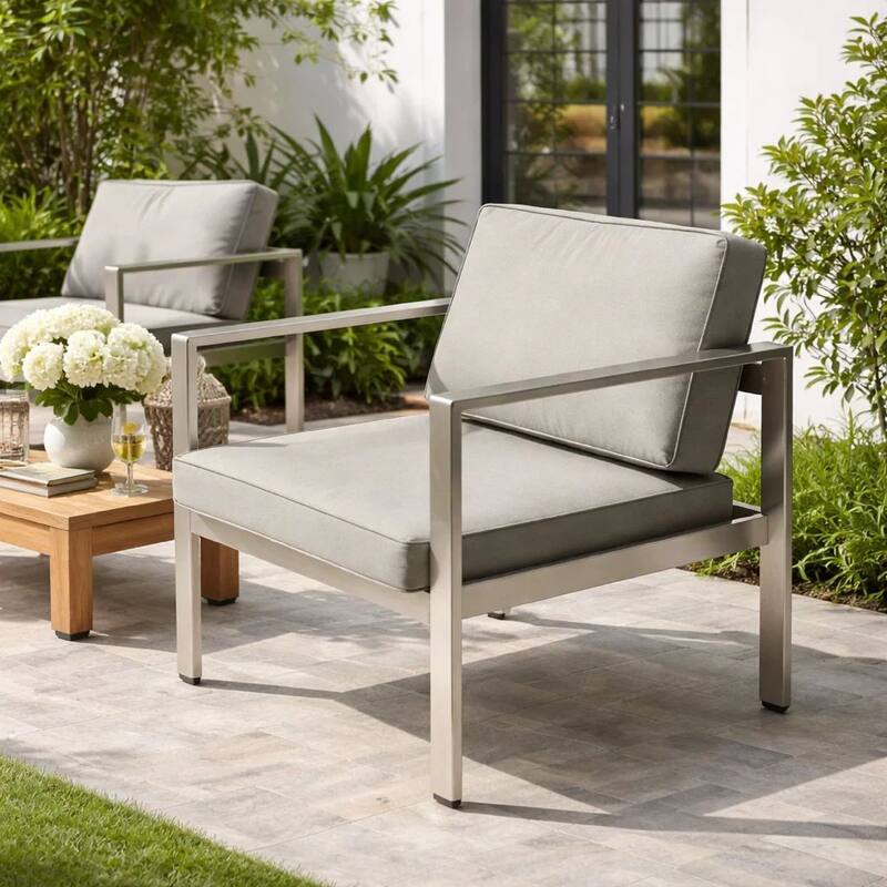 Kili 29 Inch Armchair, Sleek Silver Aluminum Frame, Water Resistant Fabric