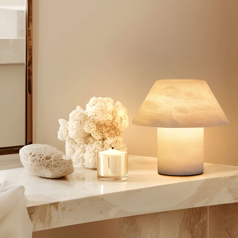 Brightech Alora LED Marbled Natural White Alabaster Stone Modern Industrial Empire Bedside Nightstand Desk Lamp