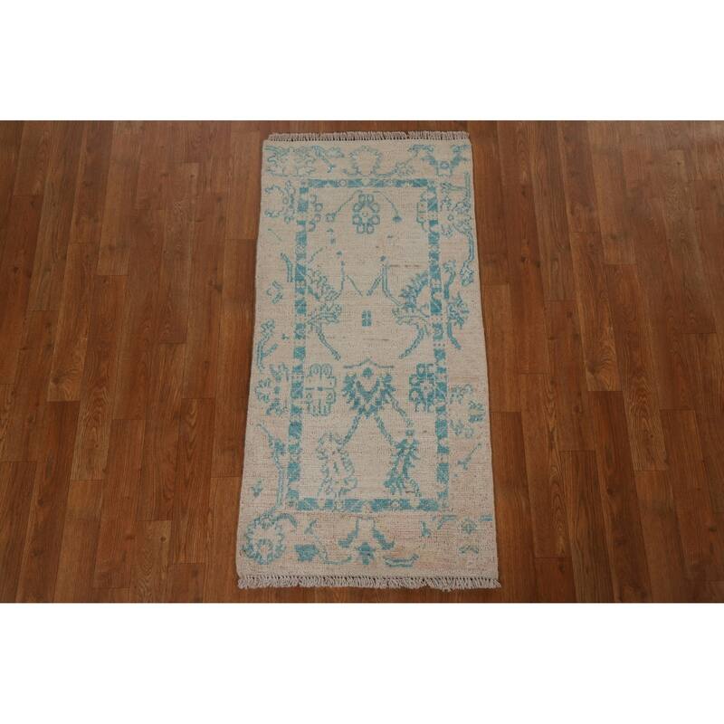 Traditional Geometric Oushak Turkish Oriental Wool Rug Handmade Carpet - 1'11" x 3'11"