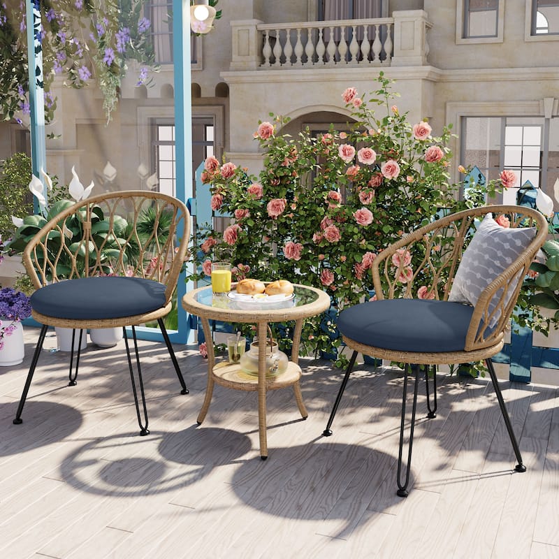 Outdoor Leisure Set, 2 Rattan Single Chairs with 1 Glass Round Table