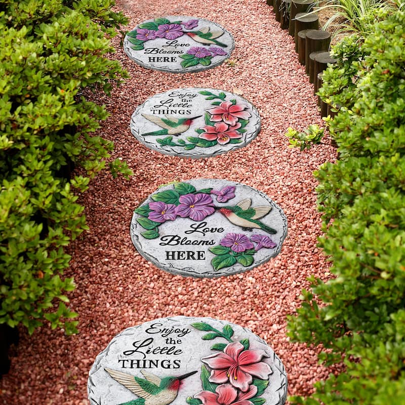 Glitzhome 4-Piece Hummingbird and Flower Pathway Cement Stepping Stones - 10 in