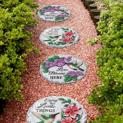 Glitzhome 4-Piece Hummingbird and Flower Pathway Cement Stepping Stones - 10 in