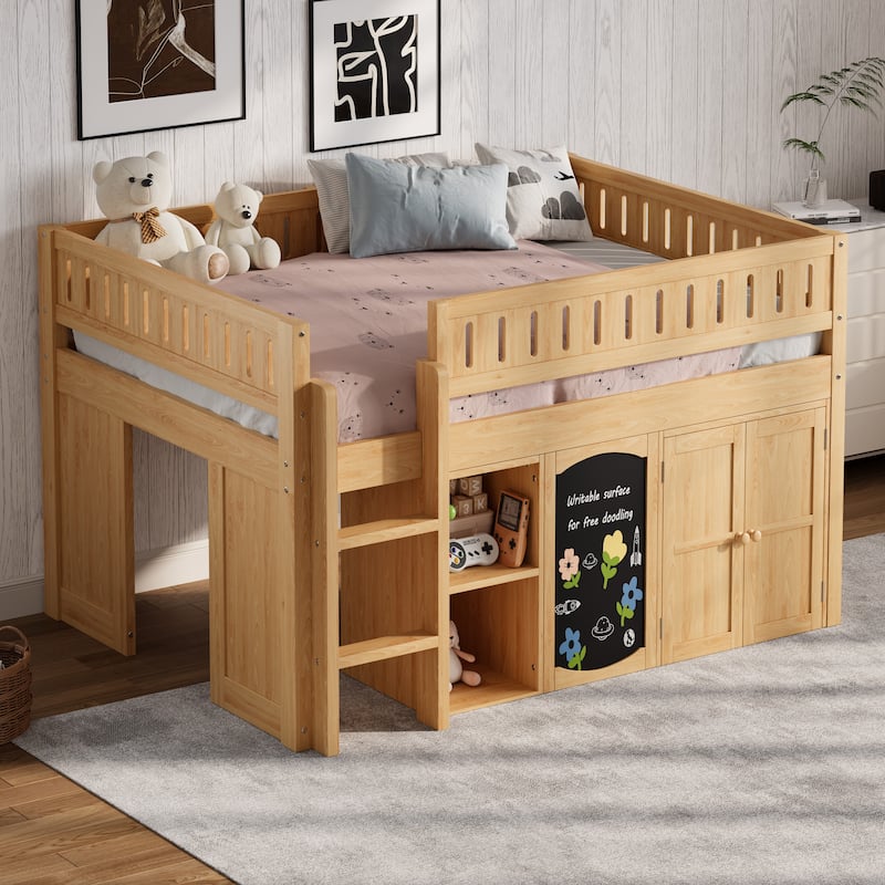 GDFStudio - Solid Wood Full Size Loft Bed with Storage & Chalkboard Panel - Natural - Full