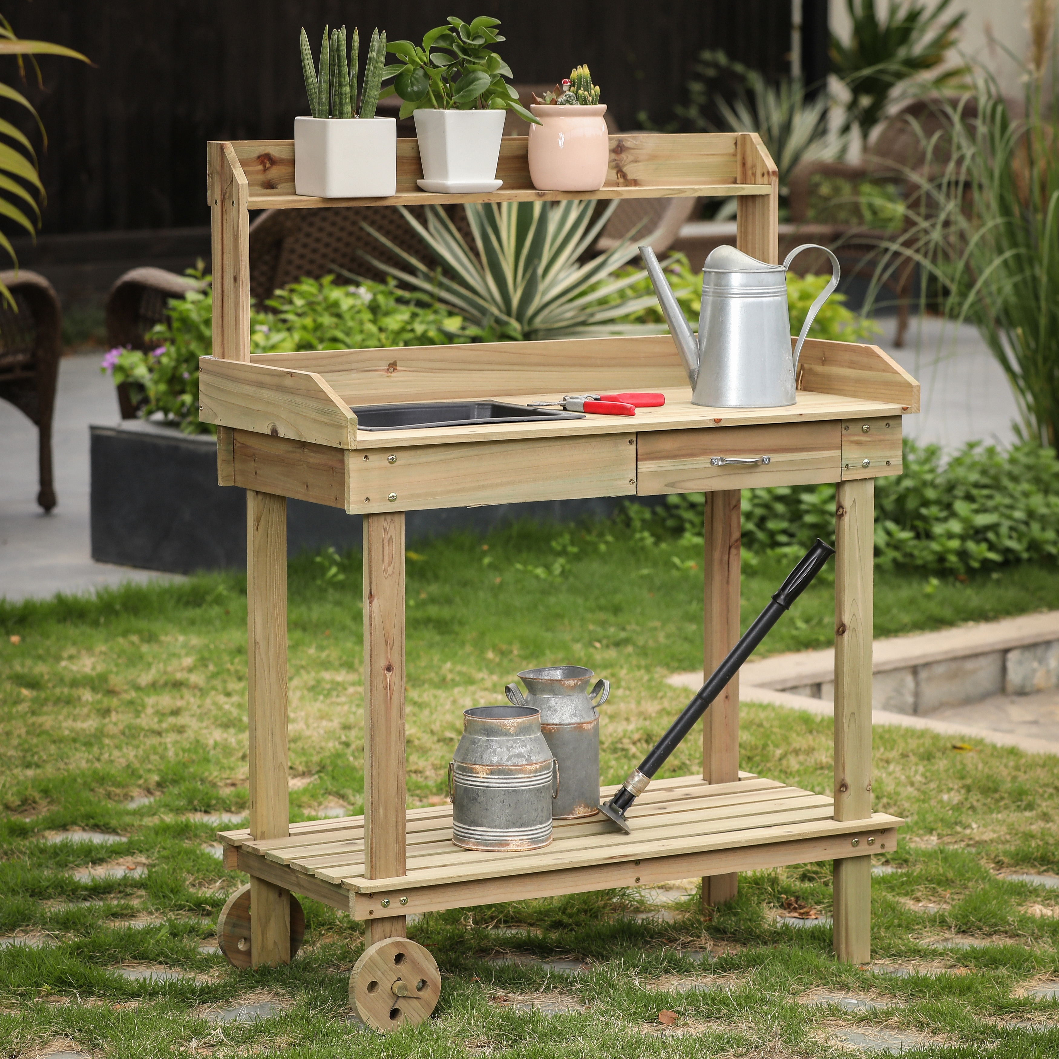garden  greenhouse  potting shed handmade solid wooden potting table 