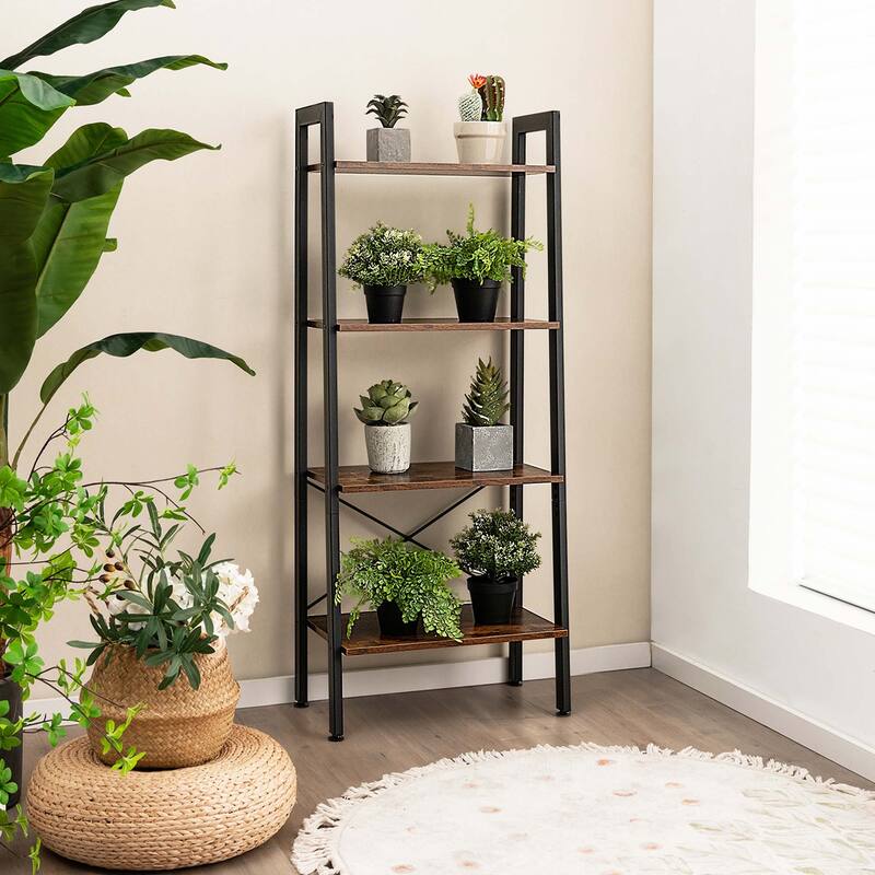 Costway 4-Tier Wood Ladder Shelf Ladder Bookcase Bookshelf Display