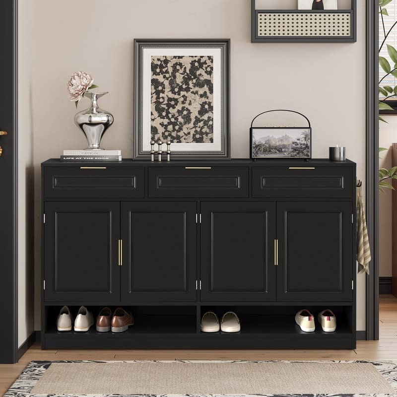 Farmhouse 59.1" Sideboard Cabinet with 3 Drawers and Open Shelf for Dining Room, Living Room, Entryway