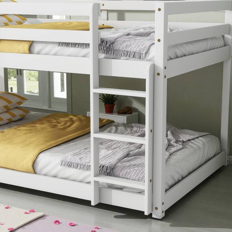 Solid Rubber Wood Twin Over Twin Floor Bunk Bed with Ladder, Low Height Design and Strengthened Slat Support