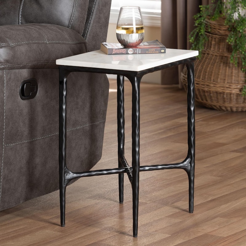 Akanji Marble End Table - Modern Rustic Accent Table with Hand-Forged Metal Frame for Living Room or Seating Areas