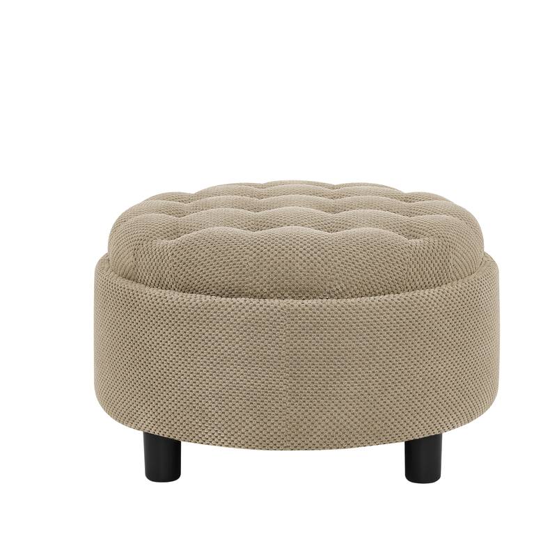 Round Storage Ottoman with Lift-Off Tray and Upholstered Fabric