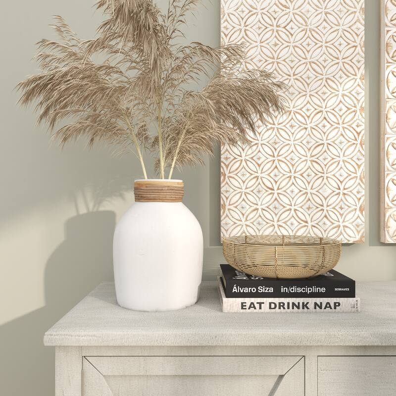 White Ceramic Decorative Vase with Wrapped Rattan Detailing