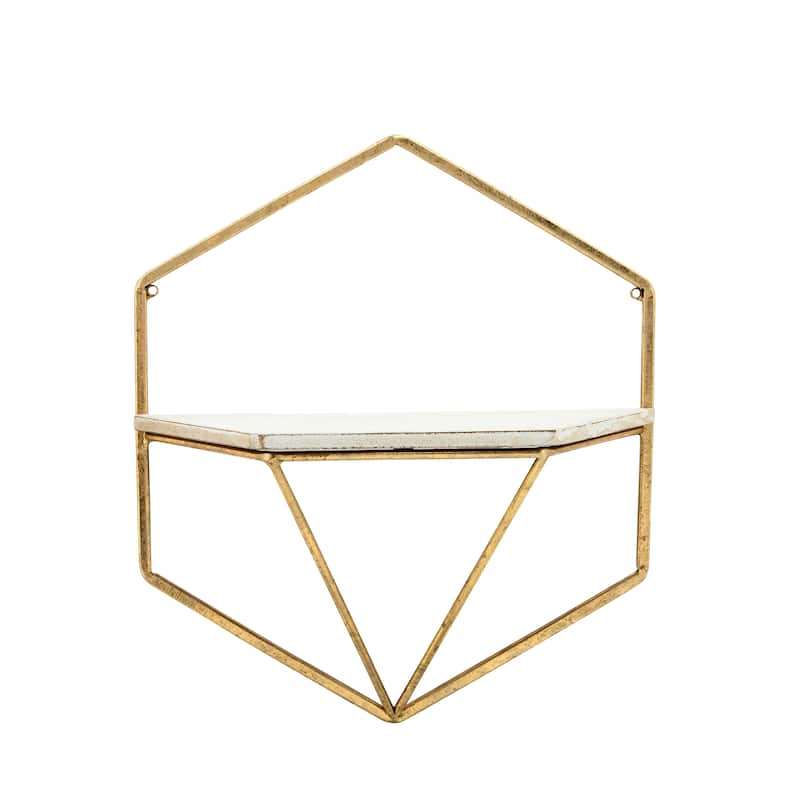 Set of 2 Hexagon Wall Shelves Contemporary Glam Gold and White Metal and Wood Decorative Floating Wall Storage - 17" x 7" x 17"