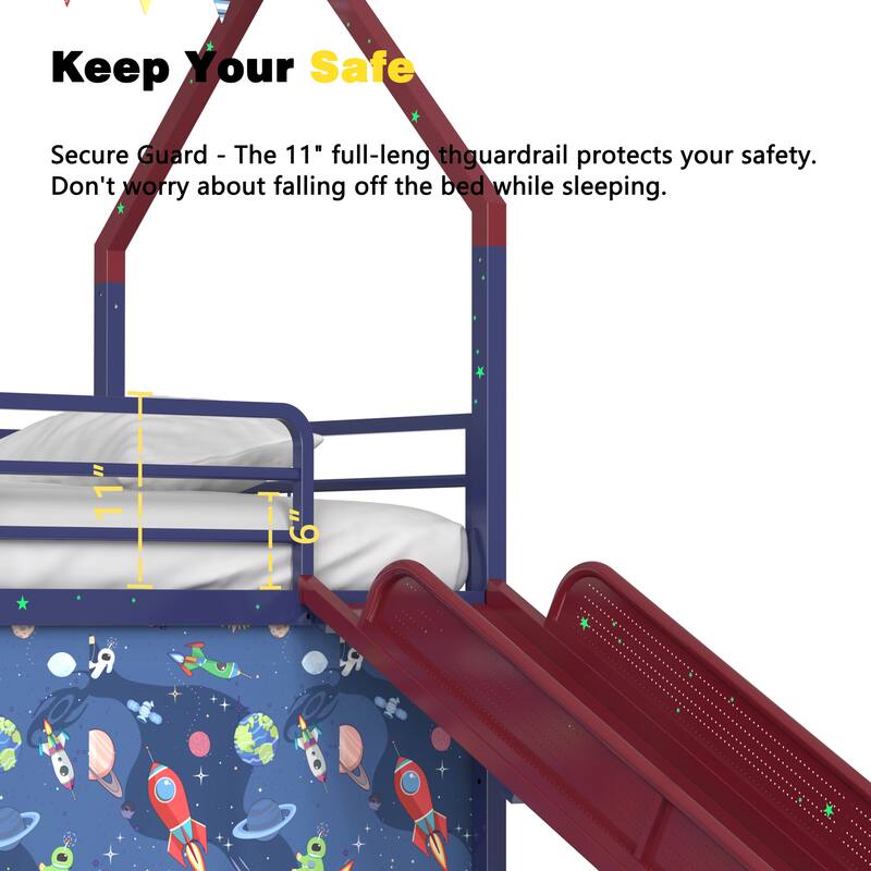 Metal Junior House Twin Loft Bed with Slide and Curtain Set and Pennant Banner Flag and Star Stickers