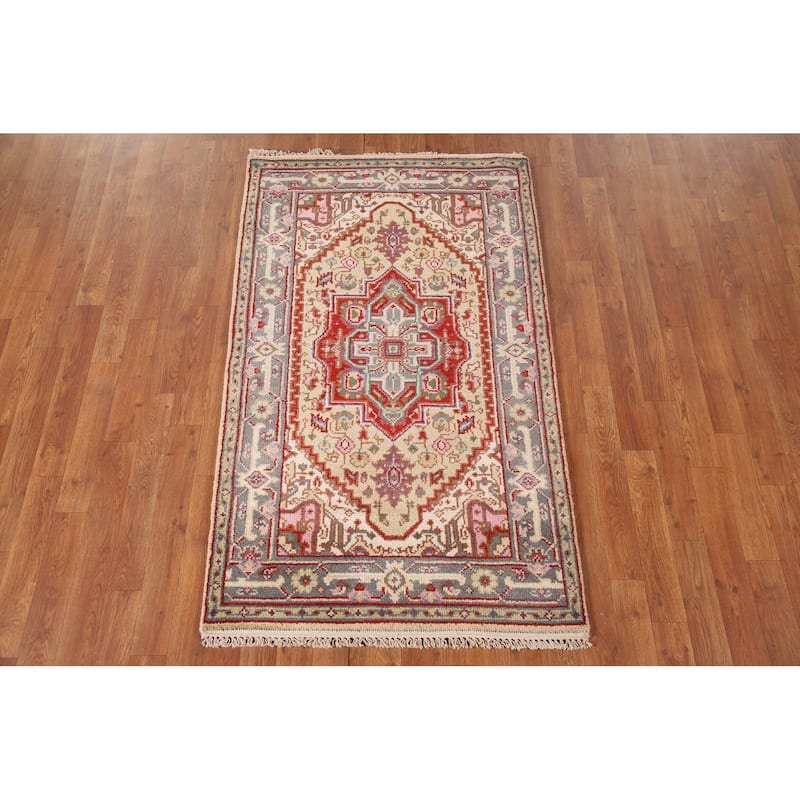 Geometric Beige Heriz-Serapi Foyer Rug Hand-Knotted Wool Carpet - 3'0" x 5'1"