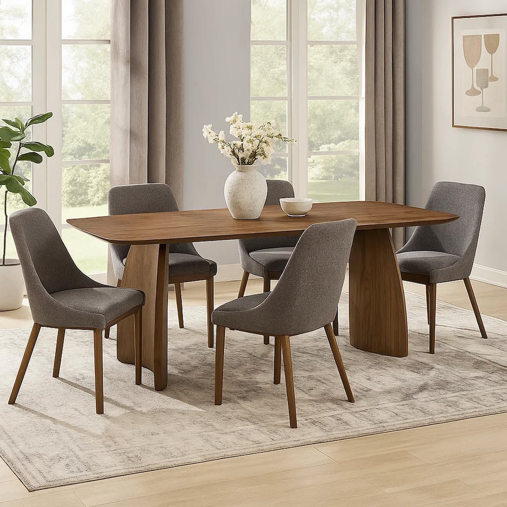 Hamza Rectangular Dining Table, Curved Wood Base, Walnut Brown 71 Inch