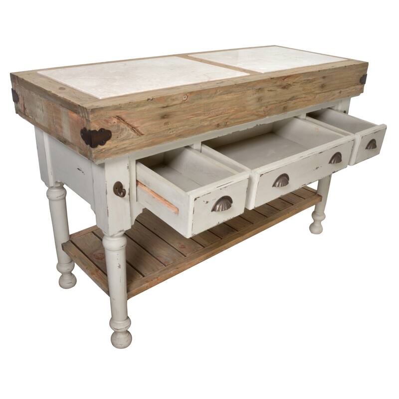 Marble Top 3 Drawer Kitchen Island In Chalk White