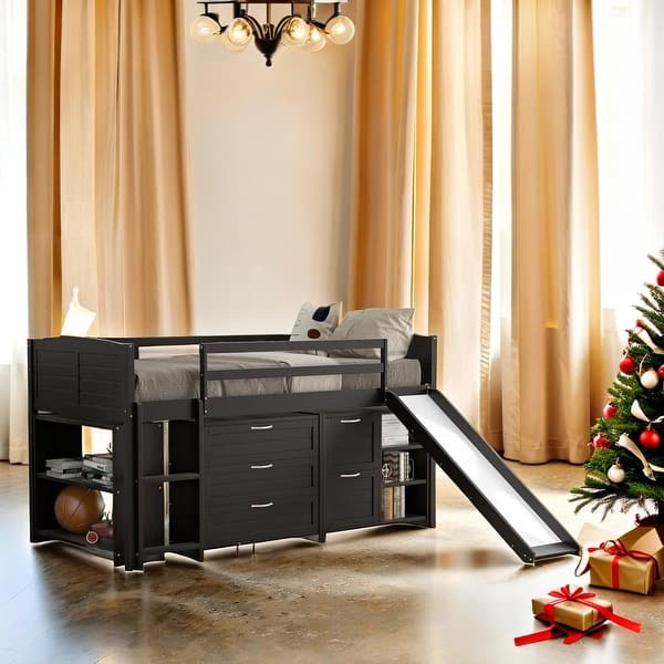 slide 2 of 52, Low Twin Size Loft Bed with Cabinets, Shelves and Slide,Multi-Functional Children's Bed With Maximized Space Espresso