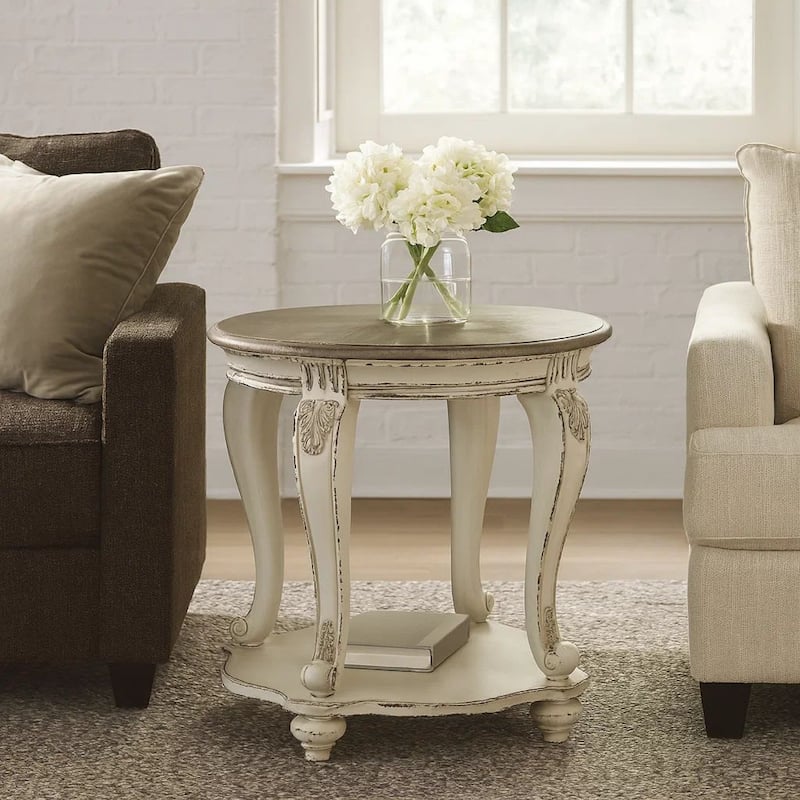 Round Wooden End Table with Open Bottom Shelf, Brown and Antique White
