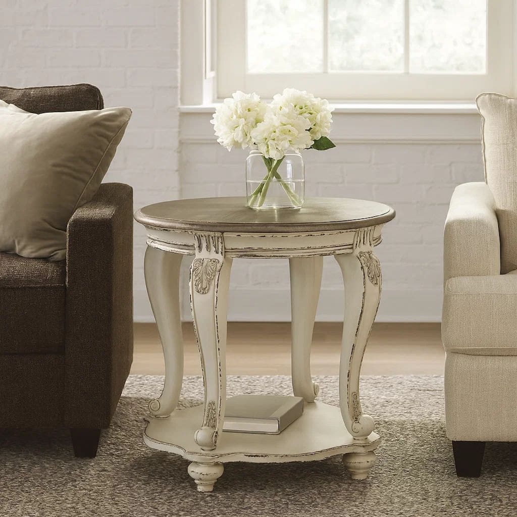 Round Wooden End Table with Open Bottom Shelf, Brown and Antique White