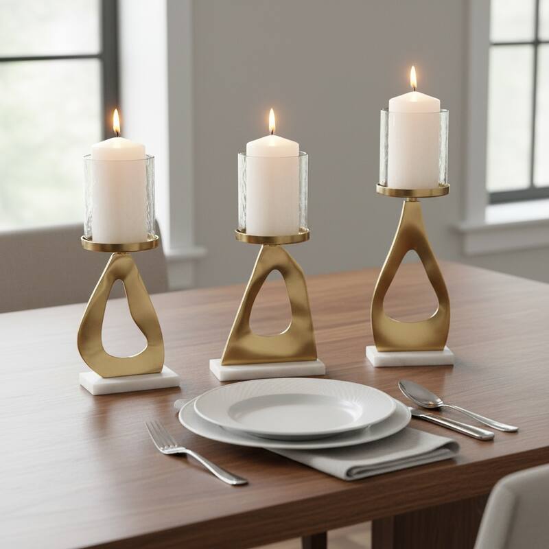 Candle Holders Set of 3 - Metal Marble Base, 13/15"