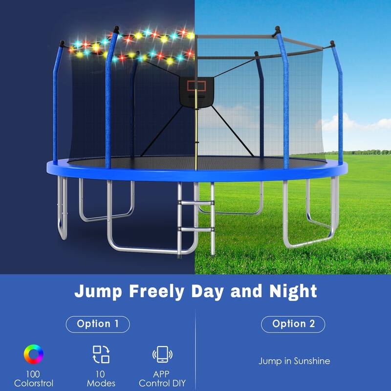 14FT Trampoline with Lights and Basketball Hoop, Outdoor Recreational 16" Trampoine for Kids and Adults