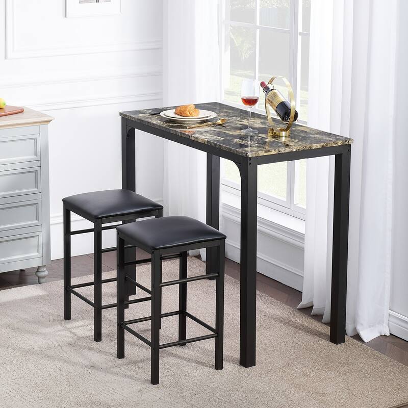 VECELO 3-Piece Dining Table Set for 2, Small Space Kitchen Table & Chairs Set with 2 Stools, Counter Height for Kitchen - 3-Piece Sets - Marble Pattern
