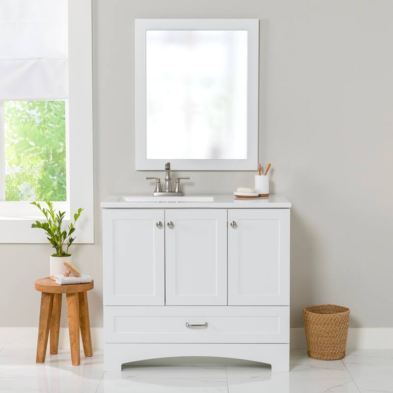 Spring Mill Cabinets Emlyn 36.5" Bathroom Vanity With Shelves, Drawer, and White Sink Top