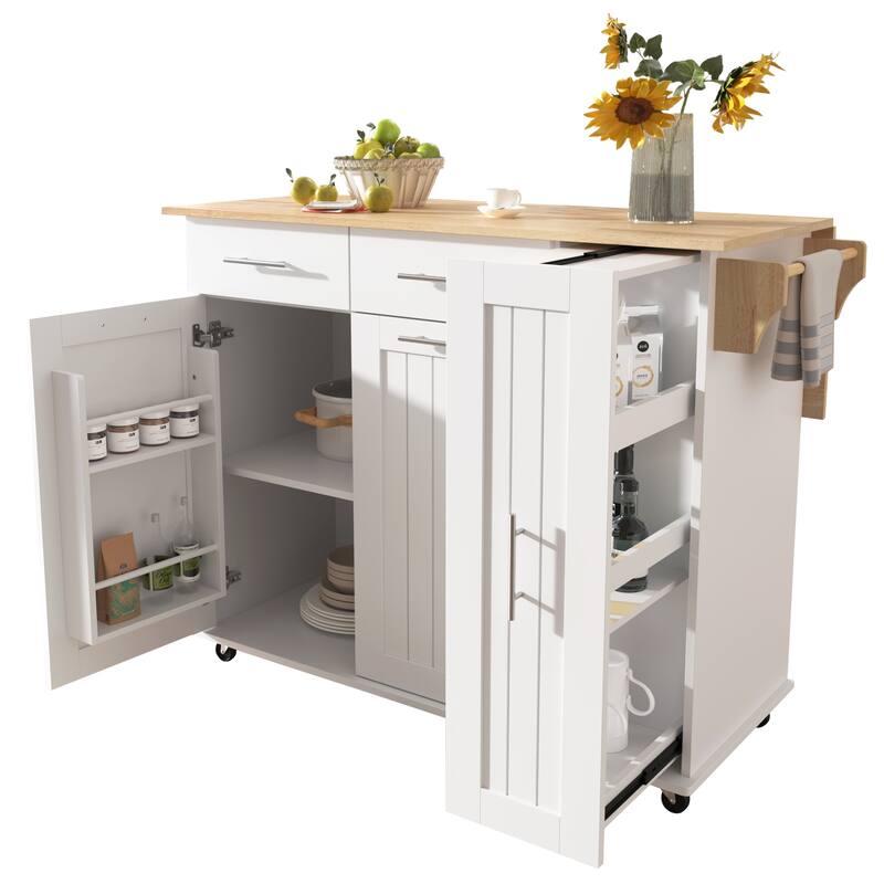 Kitchen Island Kitchen Storage Cart with Folding Board Storage Organizer Towel Rack Wheels 2 Drawers, for Kitchen, White