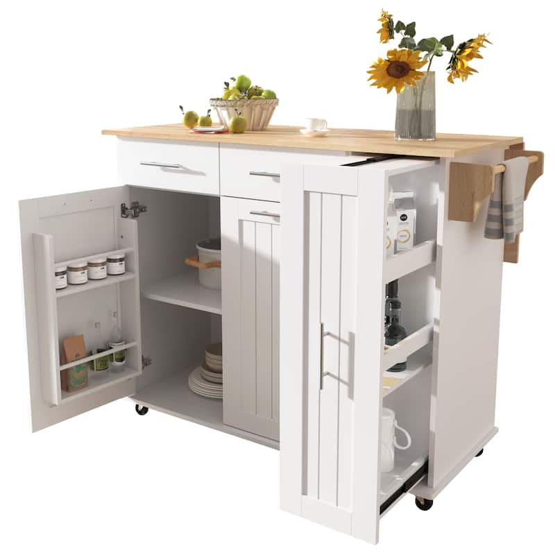Kitchen Island with Drop Leaf, Mobile Dining Cart with 3 Tier Pull Out Cabinet Organizer, Rolling Kitchen Cart on Wheels