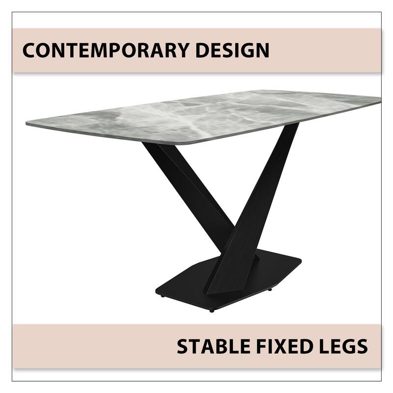 Voren Dining Table with Stone or Glass Tabletop in Black Steel Base