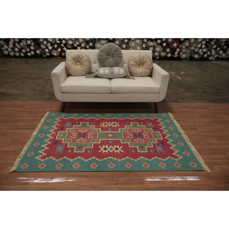 Hand Woven Oriental 100% Wool Carpet Southwestern Geometric Pink Kilim Area Rug - 5' 11'' X 4' 0''