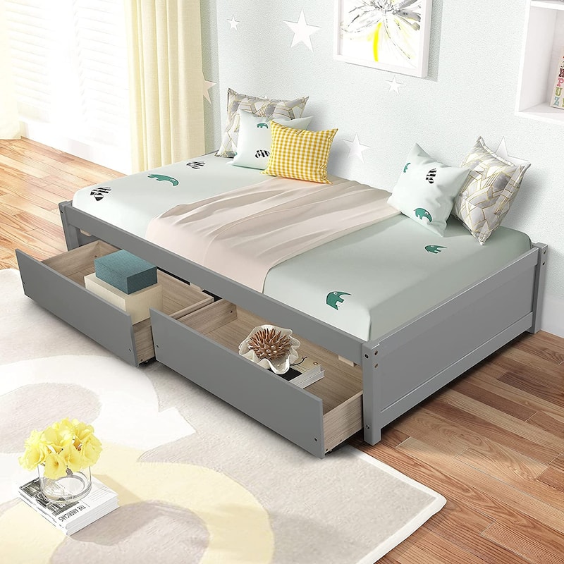Twin Platform Bed Frame with 2 Storage Drawers, Wood Twin Bed Frames for Kids Toddler Girls Boys