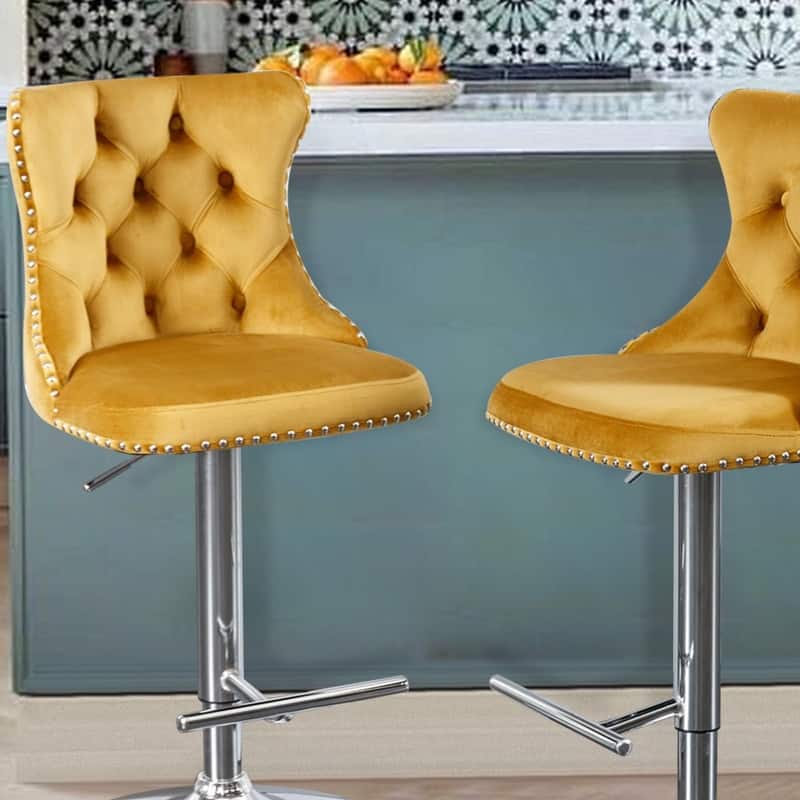 Velvet Upholstered Nailheads Tufted Swivel Bar Stools (Set of 6)
