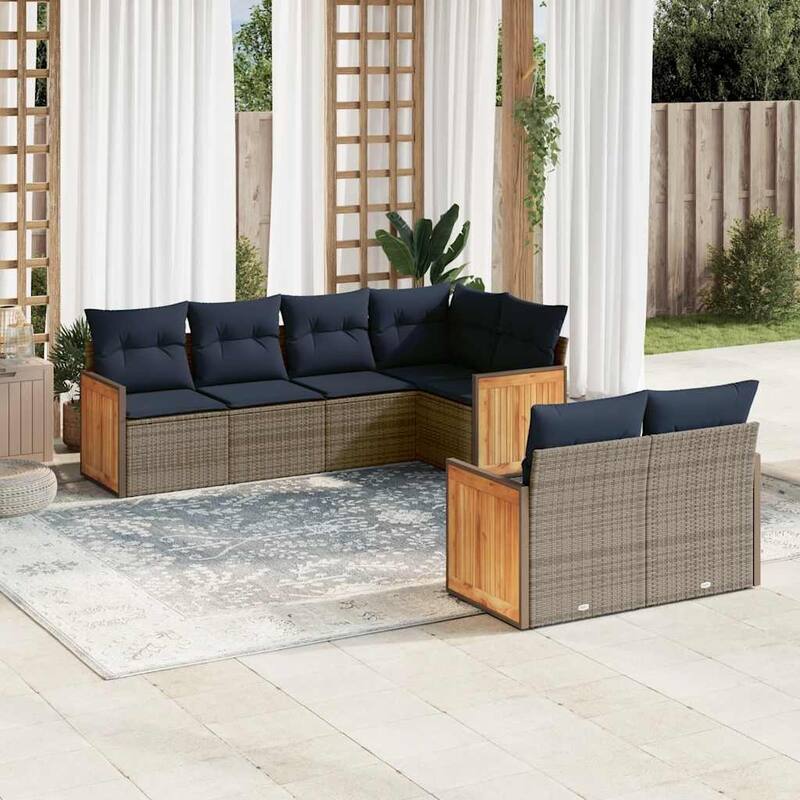 vidaXL 7 Piece Patio Sofa Set with Cushions Gray Poly Rattan - 24.4 x 24.4 x 27.2