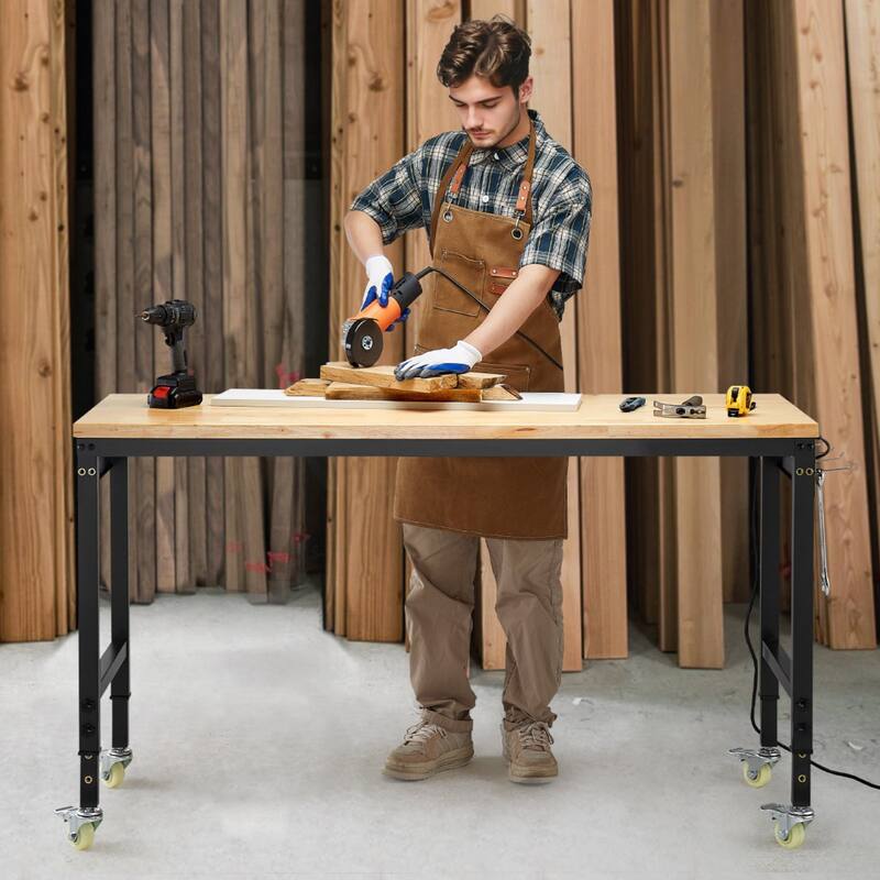 Black and Natural Oak Adjustable Height Workbench with Power Strip, Casters and Hooks - Black-Natural