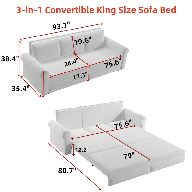 3-in-1 Convertible King Sleeper Sofa with Nailhead Trim & Rolled Arm