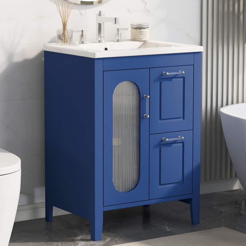GDFStudio - Emma 24-Inch Bathroom Vanity with Ceramic Sink, Moru Glass Door and Adjustable Storage