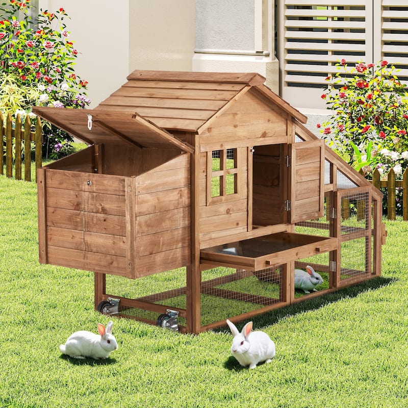 EROMMY Wooden Chicken Coop – 71” Mobile Poultry Tractor with Nesting Box, Wheels, Waterproof Roof & Pull-Out Tray - 71"x29"