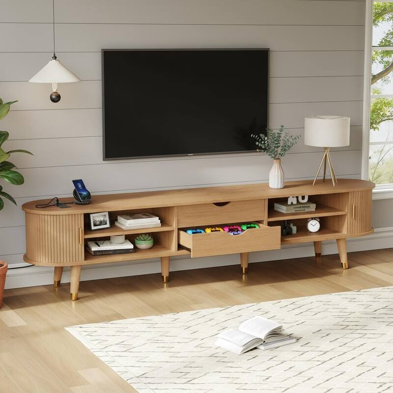 Mid-Century Oval TV Stand with Sliding Fluted Doors & Charging Station by Harper&Bright Designs - Natural
