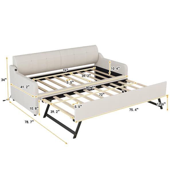 Beige Upholstered Twin Size Daybed with Trundle, USB Charging Design, Solid Construction, Elegant Design