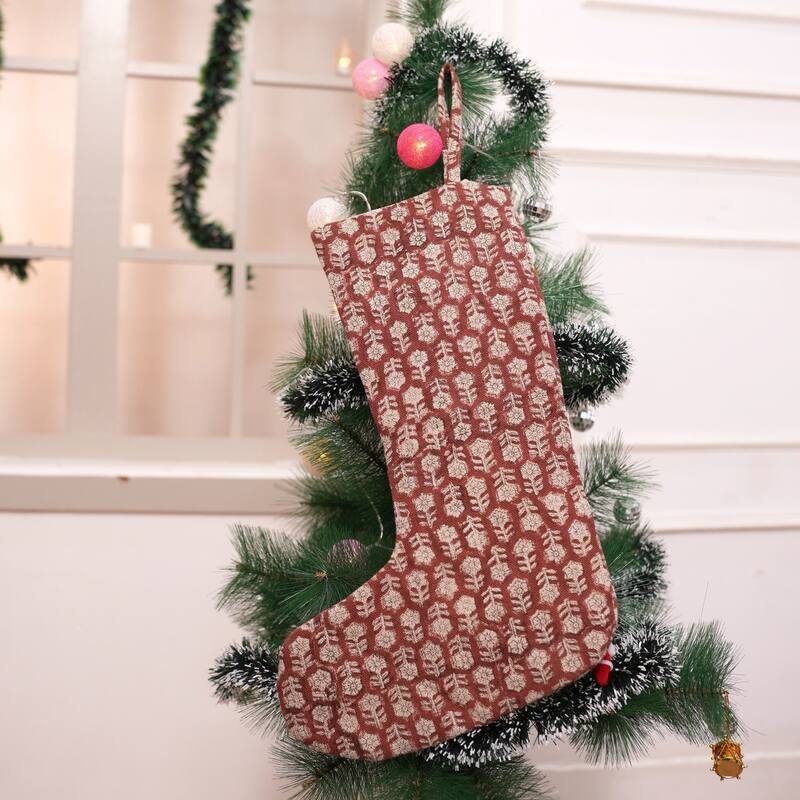 Fabdivine 16x6.5 Inches Hand Floral Block Print Christmas Stockings Tassle and Loop Perfect for Gift - 16"X6.5"