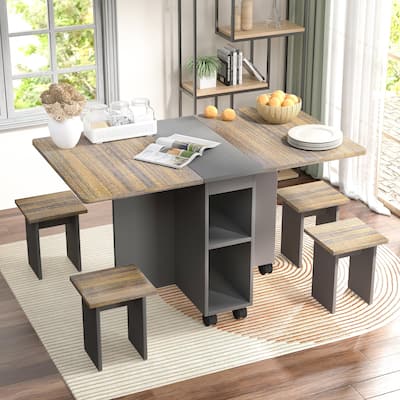 5 Pieces Folding Extendable Dining Table Set with 4 Chairs for 4 Peoples, 55'' Drop Leaf Wood Kitchen Dining Room Table