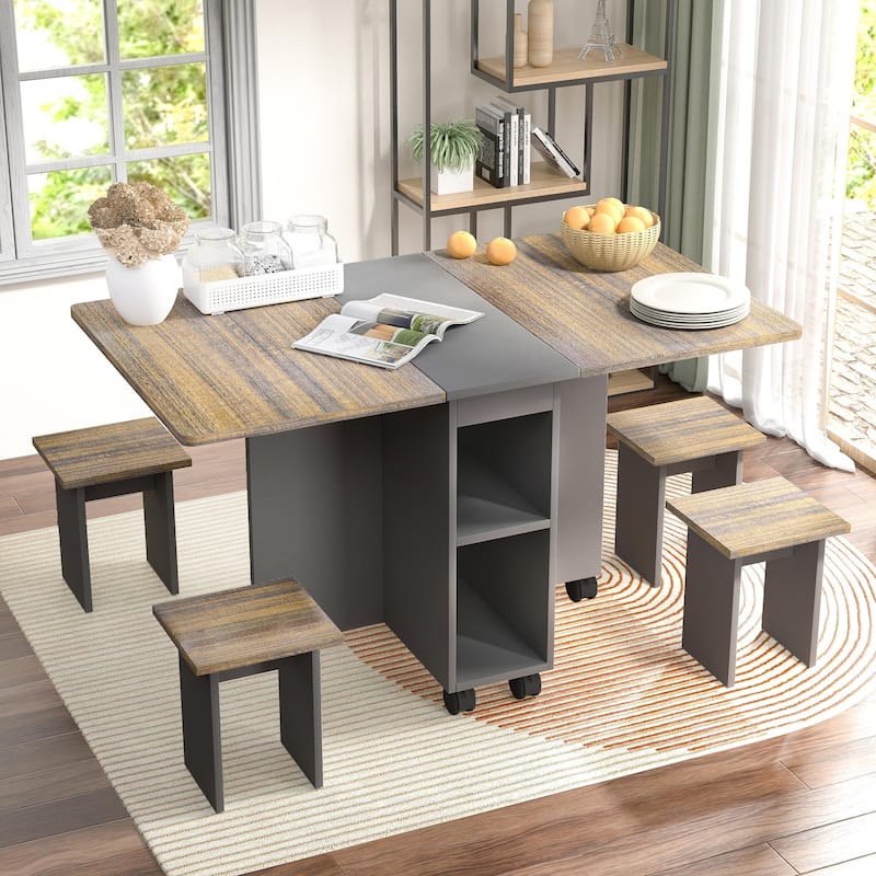 Anmytek 5 Pieces Folding Dining Table with 4 Stools Multi Functional Kitchen Island Desk - Brown
