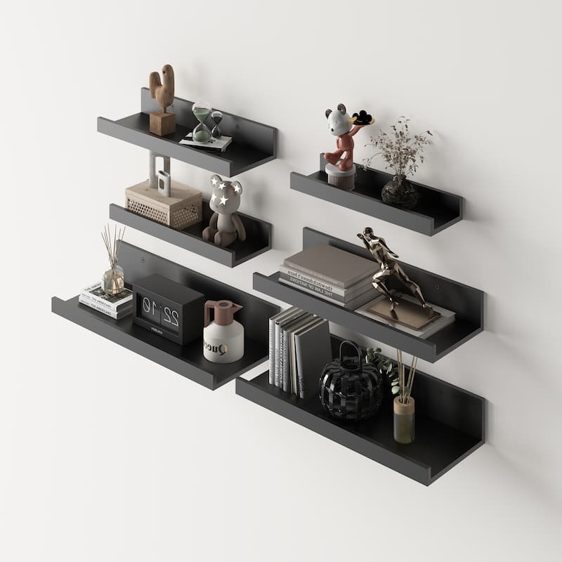 Homy Casa U-Shaped Wall-Mounted Floating Shelf Set of 6, Black Brown