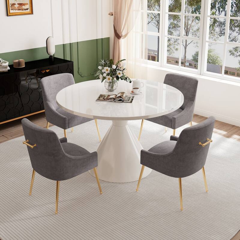 48" Light Luxury White High Gloss Large Countertop Dining Table with Velvet Dining Chair Set