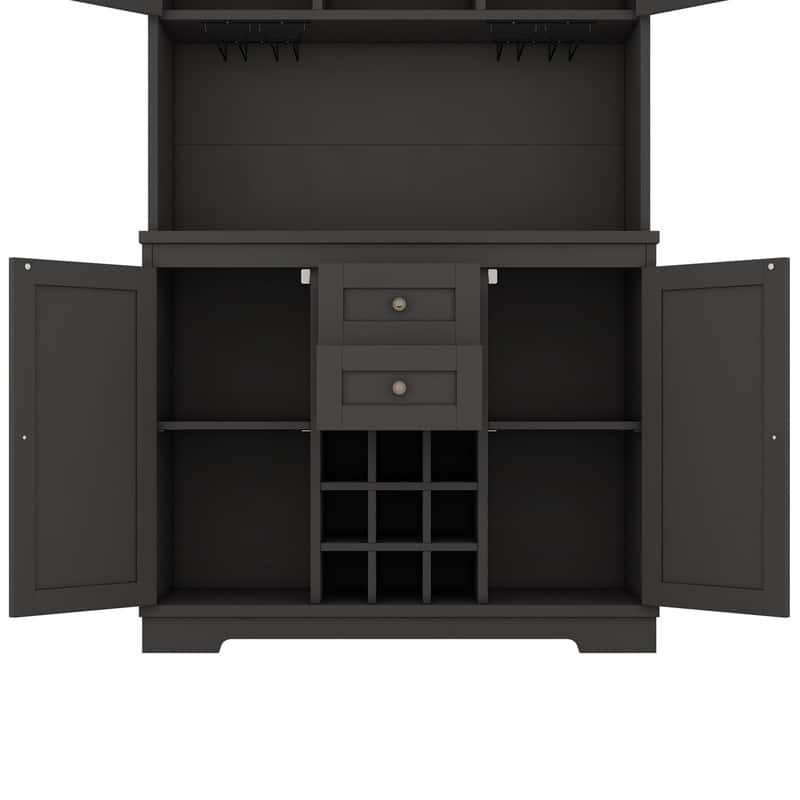 Farmhouse Home Bar Wine Storage Cabinet, Buffet Sideboard Kitchen Pantry with Adjustable Shelves, Drawers & Wine Glass Racks