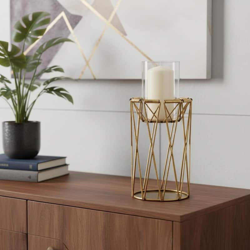 10" Antiqued Brass Distressed Geometric Metal And Glass Tabletop Hurricane Candle Holder - Antiqued Brass