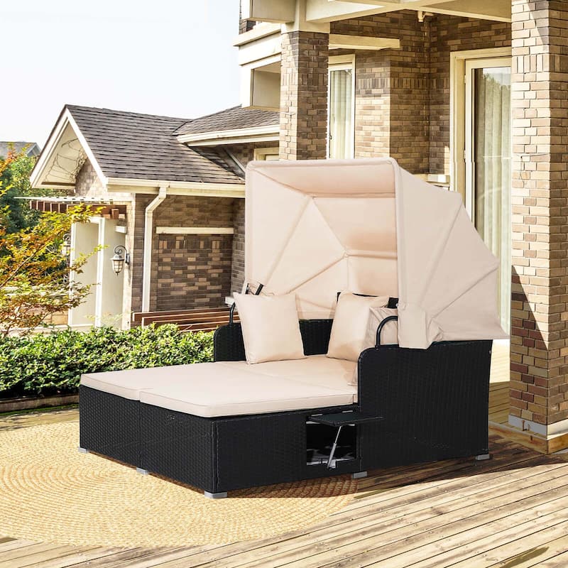 Costway Patio Rattan Daybed Lounge Retractable Top Canopy Side Tables - See Details