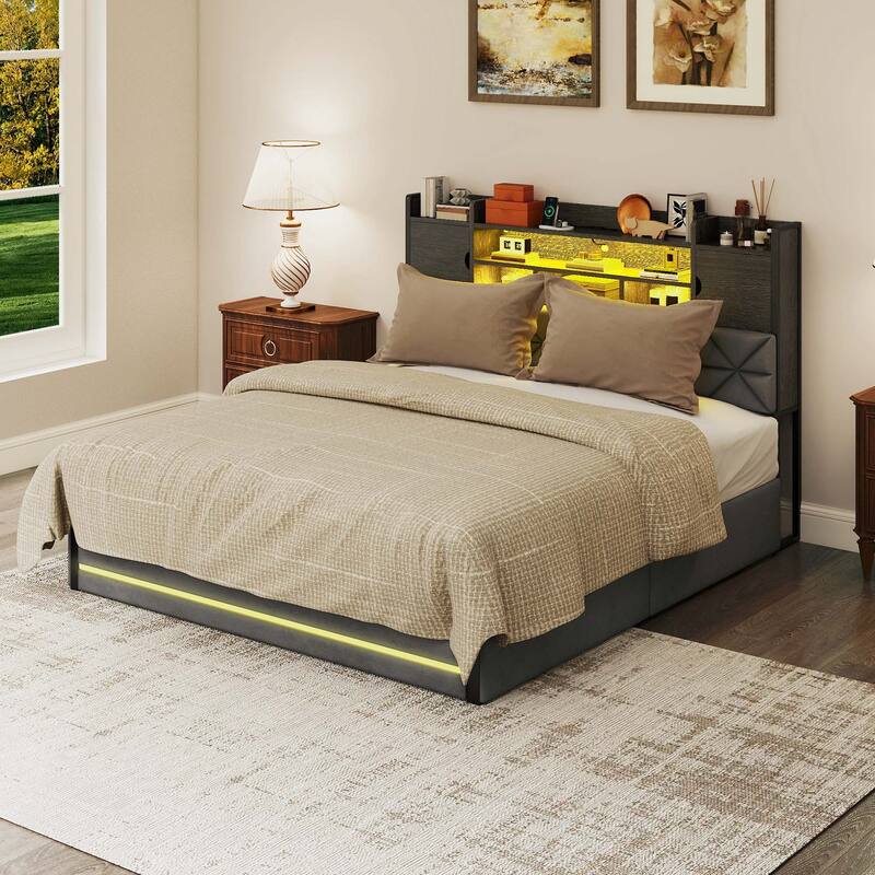 Velvet Upholstery Bed Frame With 4 Underbed Storage Drawer, LED Lights And Charging Station